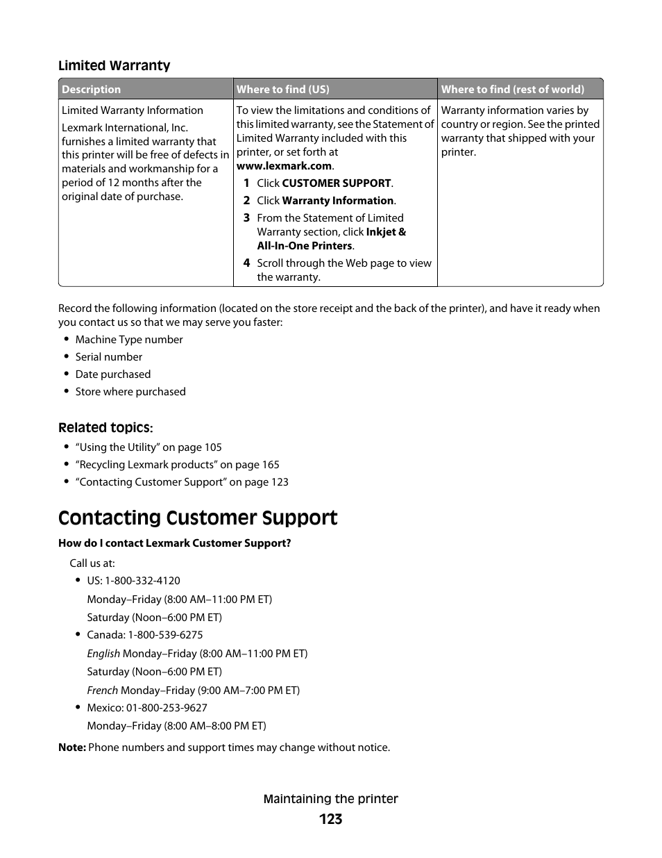 Contacting customer support | Lexmark 5300 User Manual | Page 123 / 179