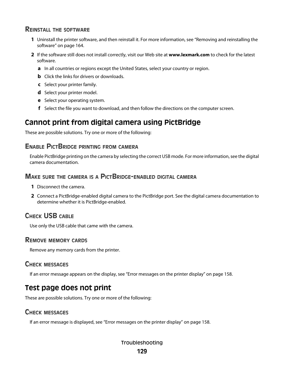 Cannot print from digital camera using pictbridge, Test page does not print | Lexmark 5300 User Manual | Page 129 / 179