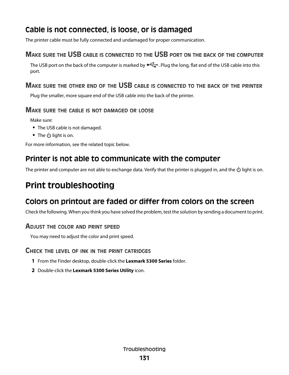 Cable is not connected, is loose, or is damaged, Print troubleshooting | Lexmark 5300 User Manual | Page 131 / 179