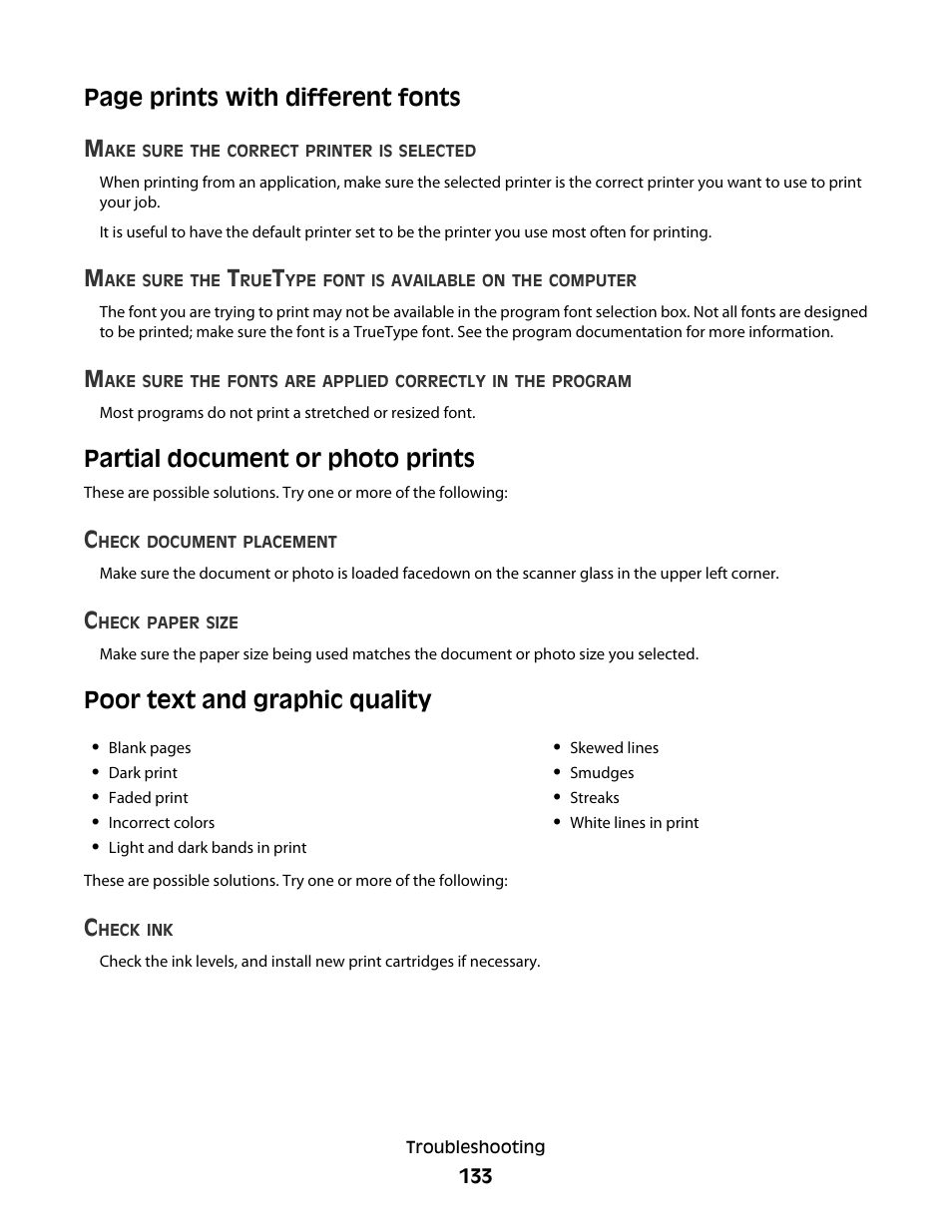 Partial document or photo prints, Poor text and graphic quality, Page prints with different fonts m | Lexmark 5300 User Manual | Page 133 / 179