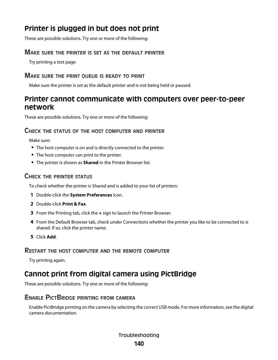 Printer is plugged in but does not print, Cannot print from digital camera using pictbridge | Lexmark 5300 User Manual | Page 140 / 179
