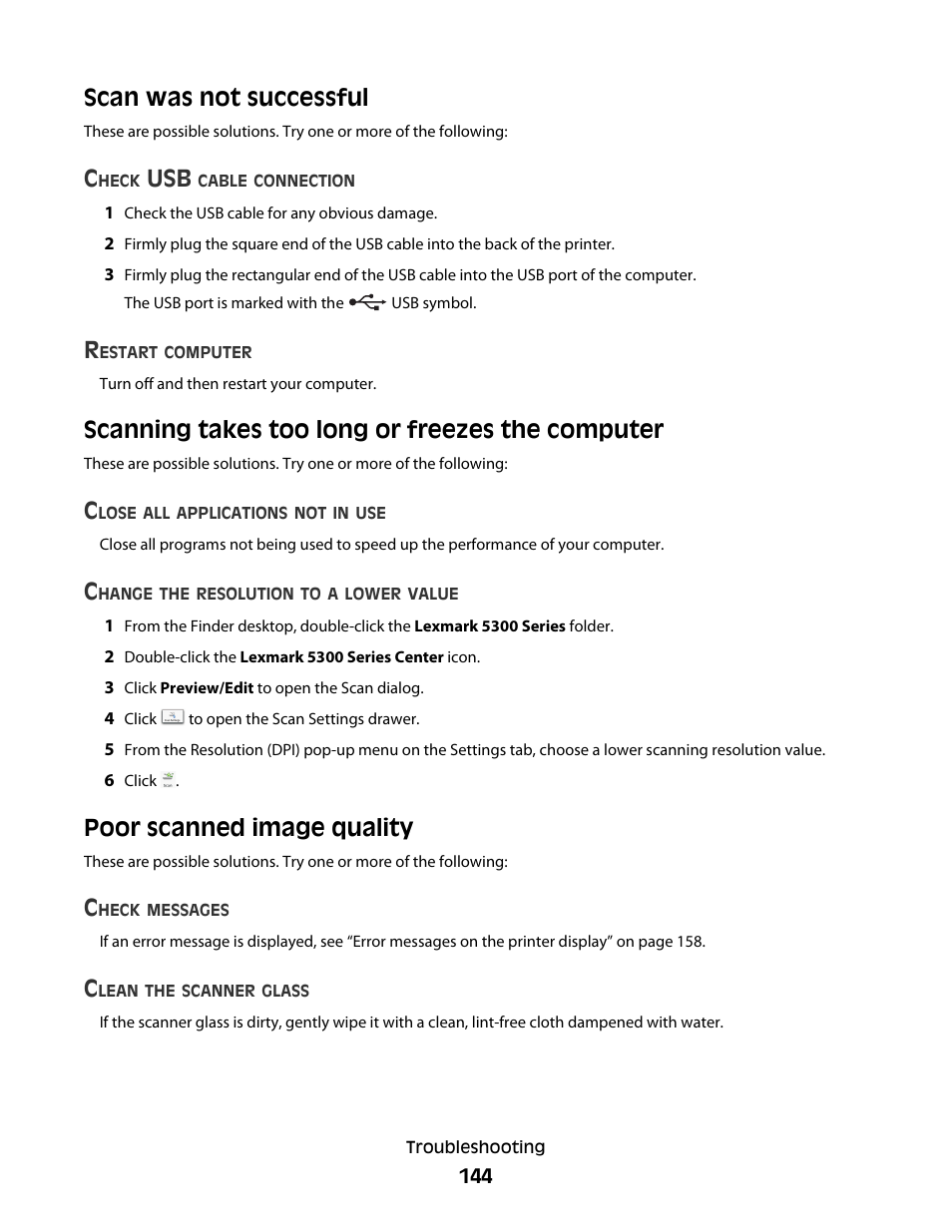 Scan was not successful, Scanning takes too long or freezes the computer, Poor scanned image quality | Lexmark 5300 User Manual | Page 144 / 179