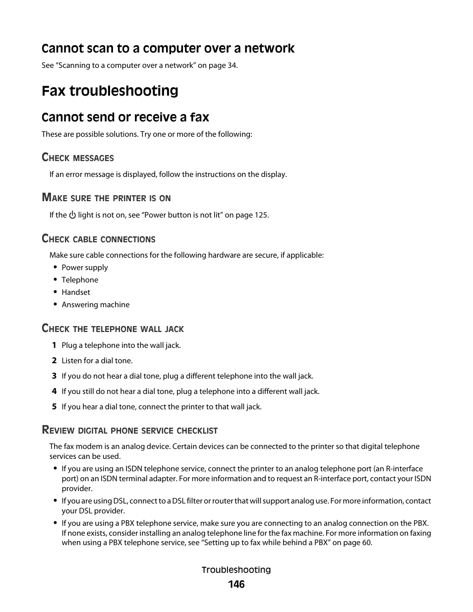 Cannot scan to a computer over a network, Fax troubleshooting, Cannot send or receive a fax | Lexmark 5300 User Manual | Page 146 / 179