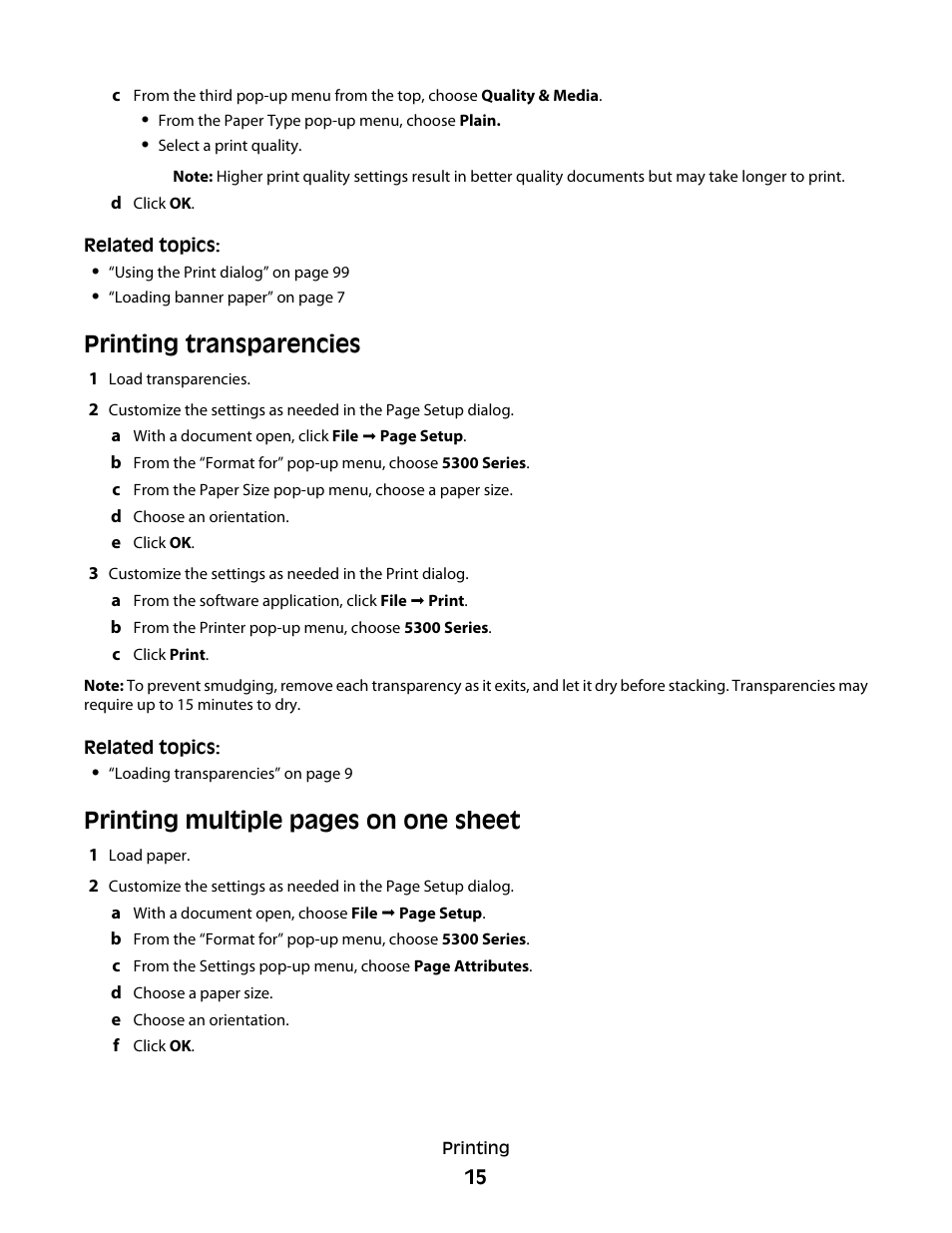 Printing transparencies, Printing multiple pages on one sheet | Lexmark 5300 User Manual | Page 15 / 179