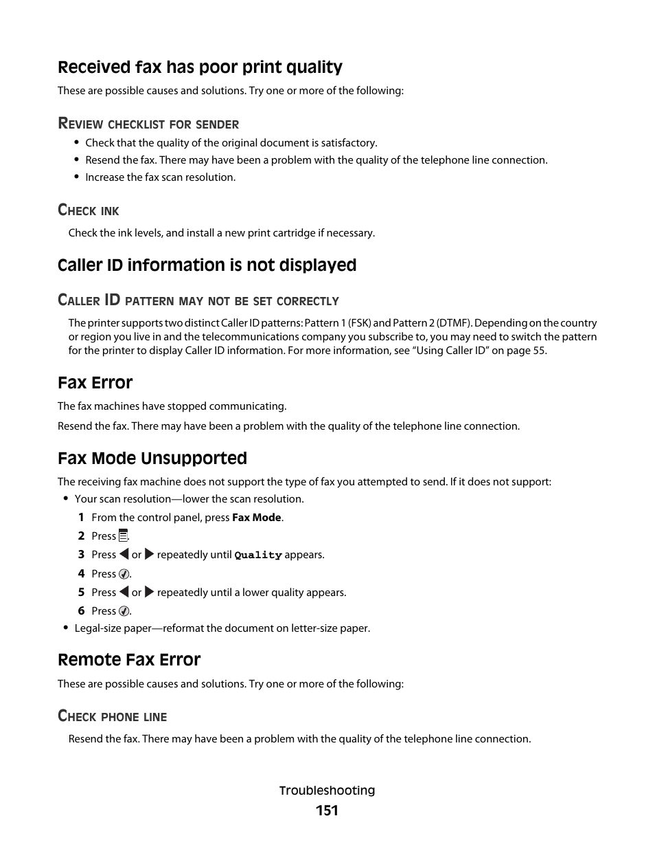 Received fax has poor print quality, Caller id information is not displayed, Fax error | Fax mode unsupported, Remote fax error, Caller id information is not displayed c | Lexmark 5300 User Manual | Page 151 / 179