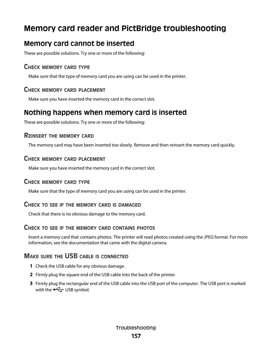 Memory card reader and pictbridge troubleshooting, Memory card cannot be inserted, Nothing happens when memory card is inserted | Lexmark 5300 User Manual | Page 157 / 179