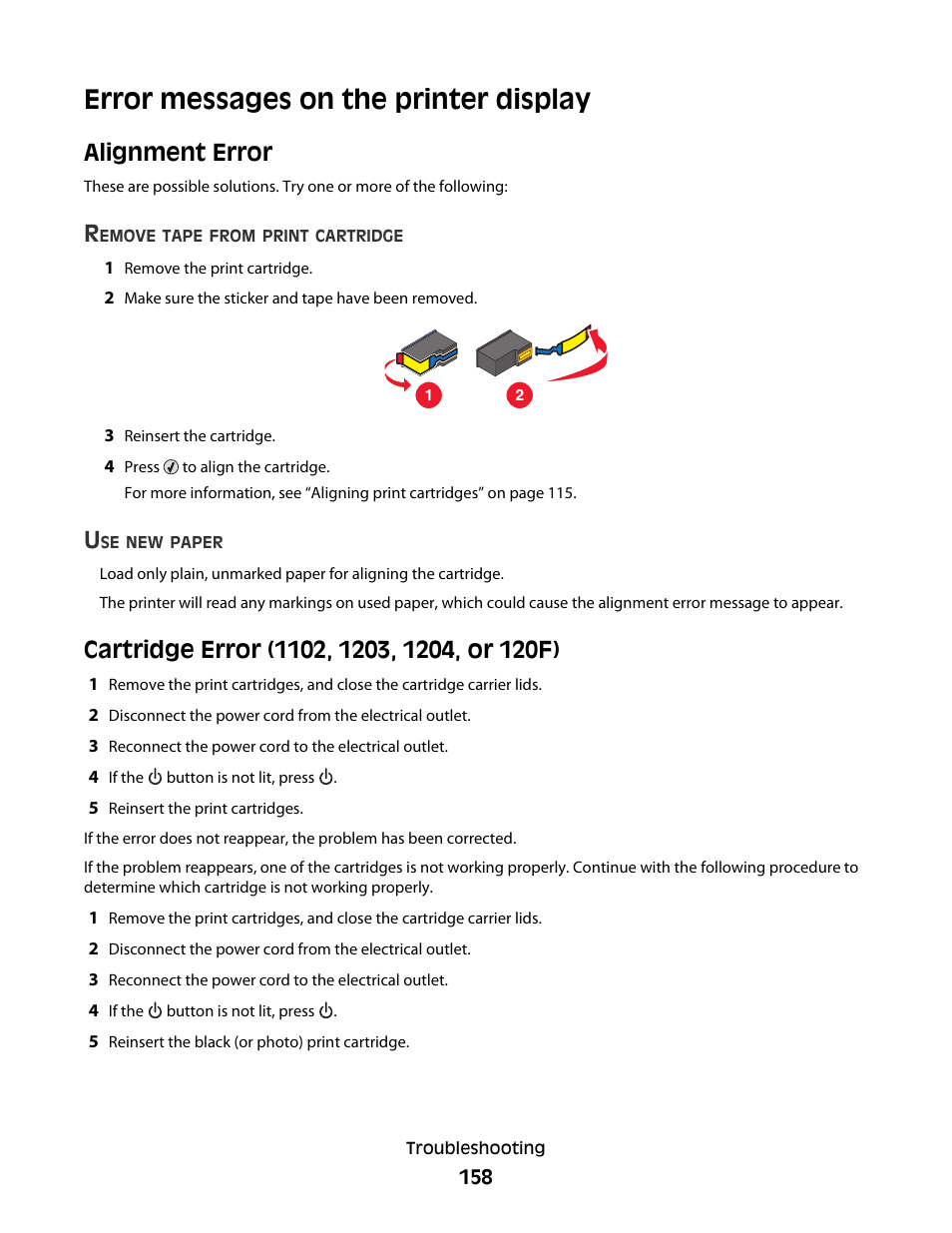 Error messages on the printer display, Alignment error, Cartridge error (1102, 1203, 1204, or 120f) | Appears, see “error | Lexmark 5300 User Manual | Page 158 / 179