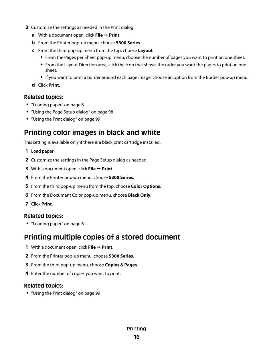 Printing color images in black and white, Printing multiple copies of a stored document | Lexmark 5300 User Manual | Page 16 / 179