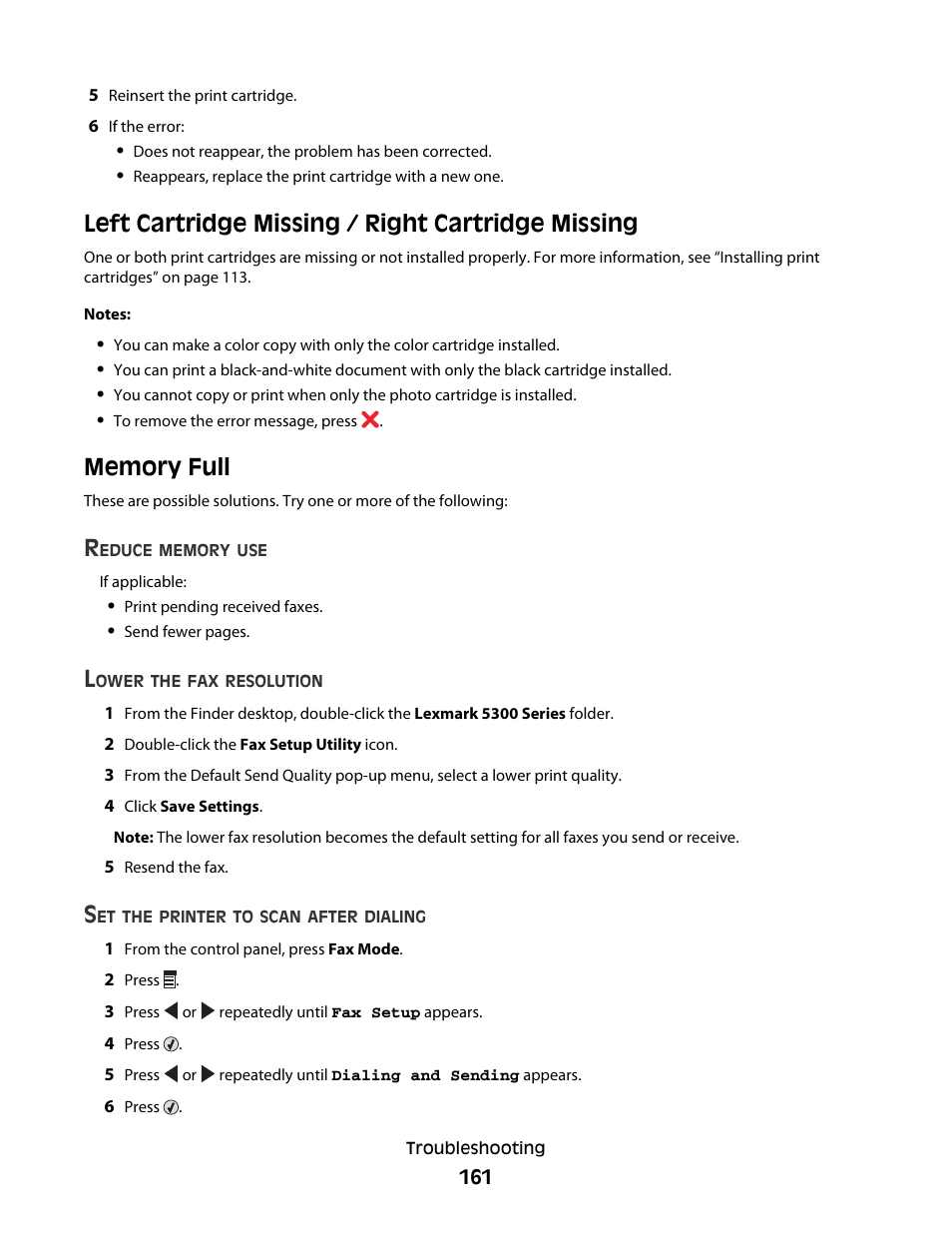 Left cartridge missing / right cartridge missing, Memory full | Lexmark 5300 User Manual | Page 161 / 179