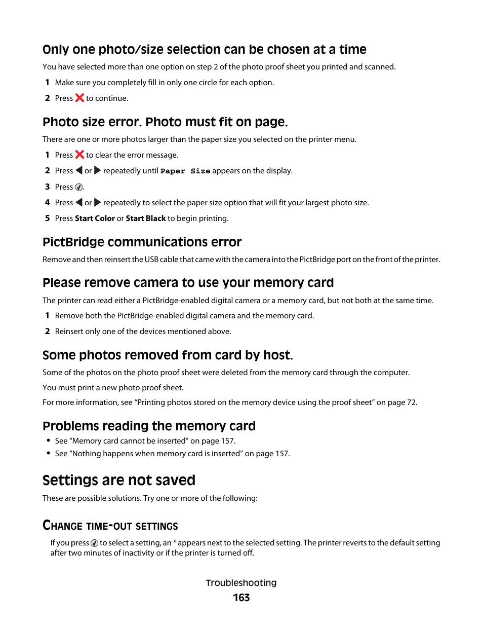 Pictbridge communications error, Please remove camera to use your memory card, Some photos removed from card by host | Problems reading the memory card, Settings are not saved, Change time-out settings, Photo size error. photo must fit on page | Lexmark 5300 User Manual | Page 163 / 179