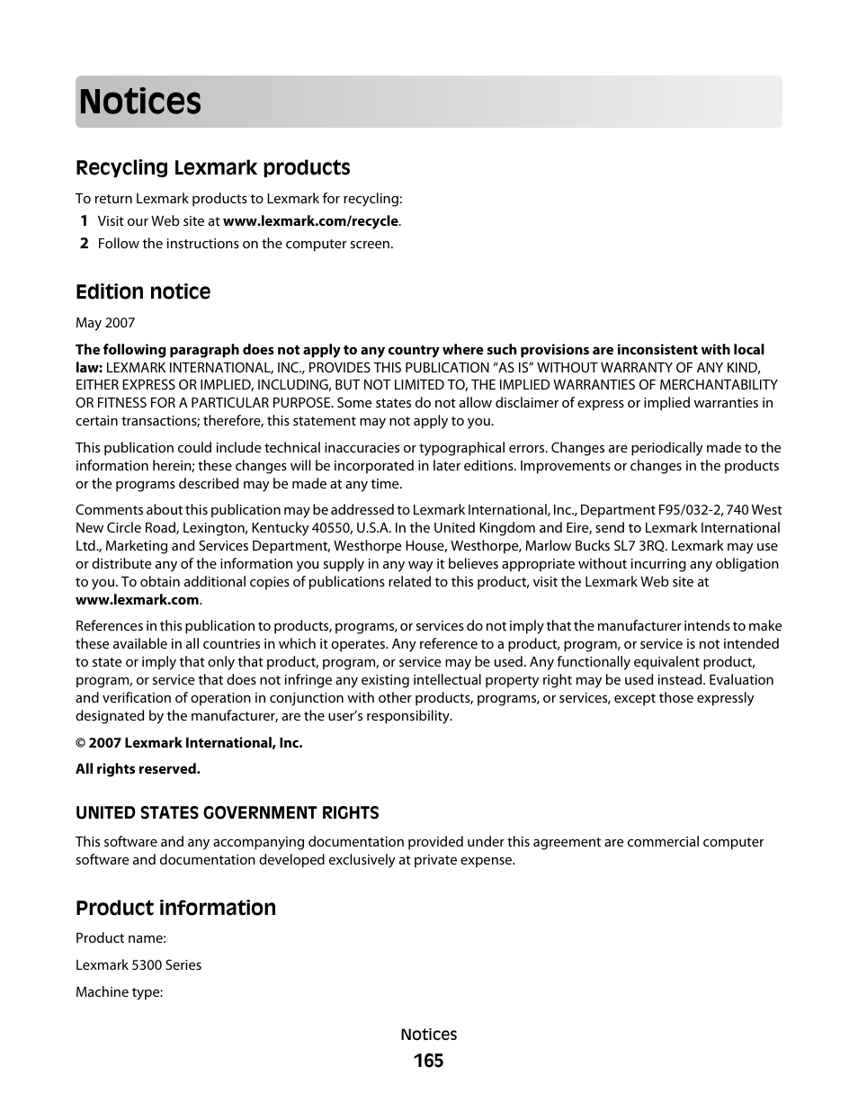 Notices, Recycling lexmark products, Edition notice | Product information | Lexmark 5300 User Manual | Page 165 / 179
