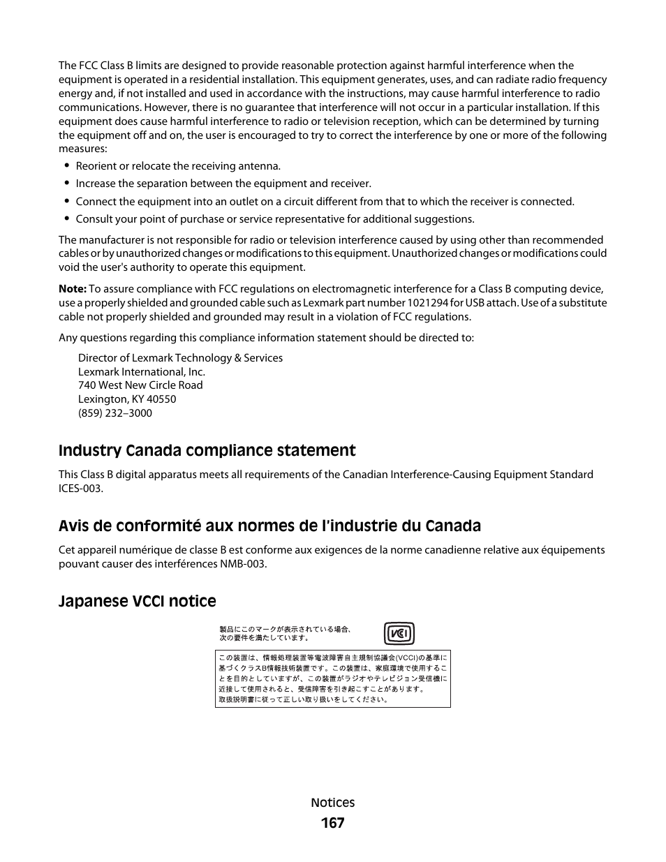 Japanese vcci notice, Industry canada compliance statement | Lexmark 5300 User Manual | Page 167 / 179