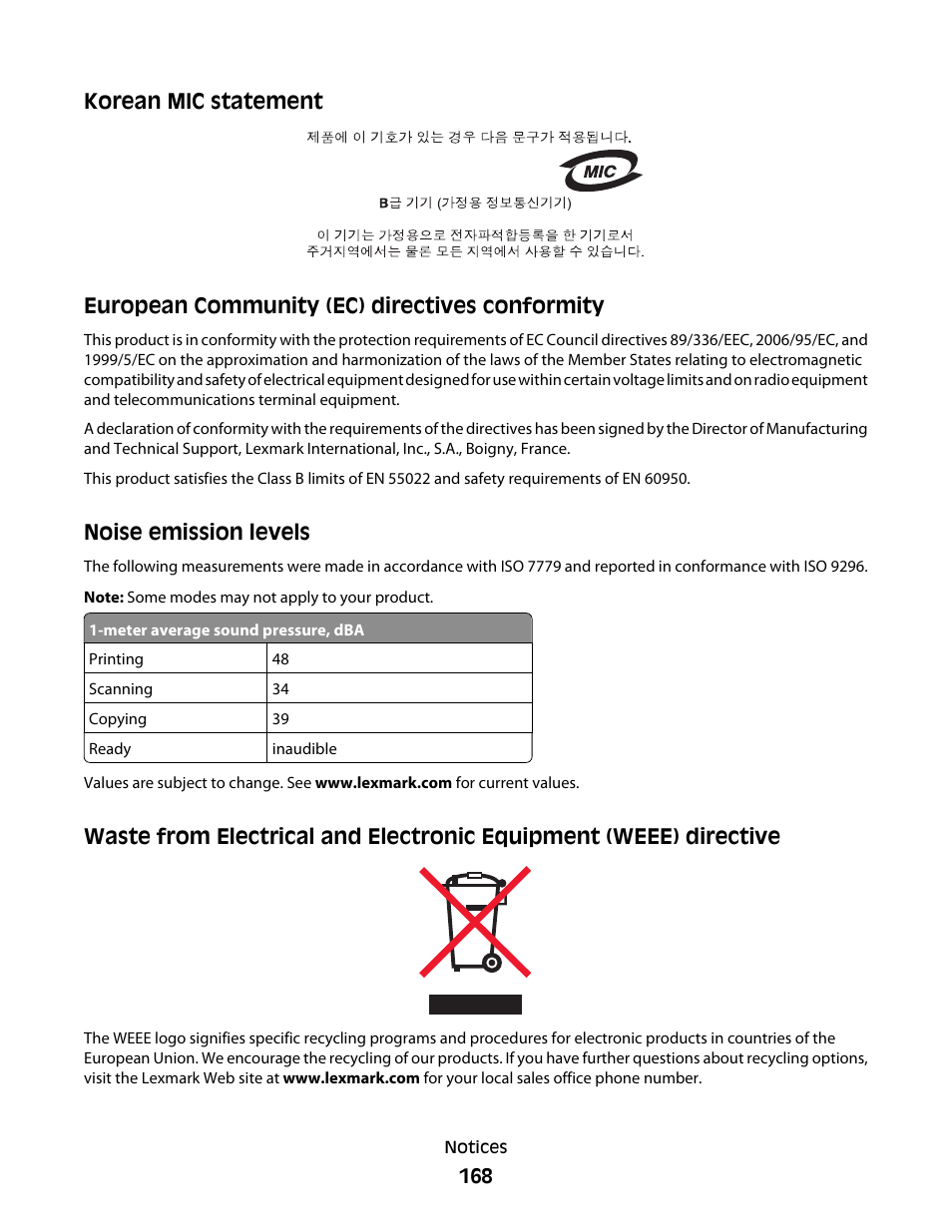 Korean mic statement, European community (ec) directives conformity, Noise emission levels | Lexmark 5300 User Manual | Page 168 / 179