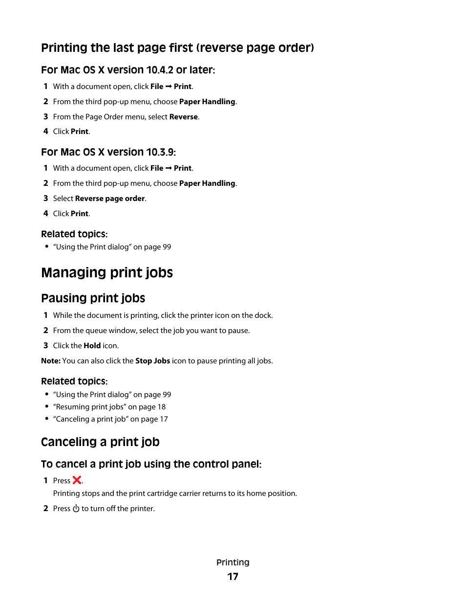 Managing print jobs, Pausing print jobs, Canceling a print job | Printing the last page first (reverse page order) | Lexmark 5300 User Manual | Page 17 / 179