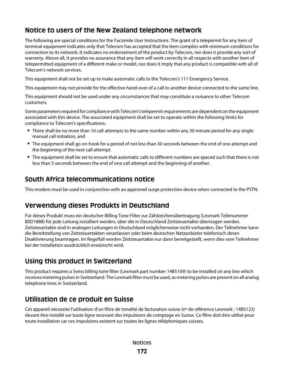 South africa telecommunications notice, Verwendung dieses produkts in deutschland, Using this product in switzerland | Utilisation de ce produit en suisse | Lexmark 5300 User Manual | Page 172 / 179