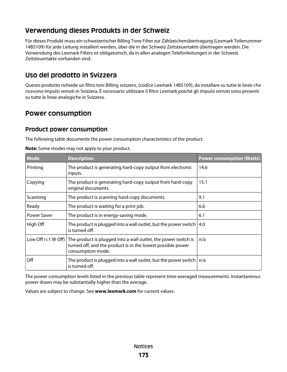 Power consumption, Product power consumption, Verwendung dieses produkts in der schweiz | Uso del prodotto in svizzera | Lexmark 5300 User Manual | Page 173 / 179