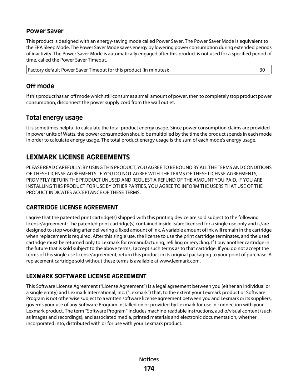 Power saver, Off mode, Total energy usage | Lexmark license agreements | Lexmark 5300 User Manual | Page 174 / 179