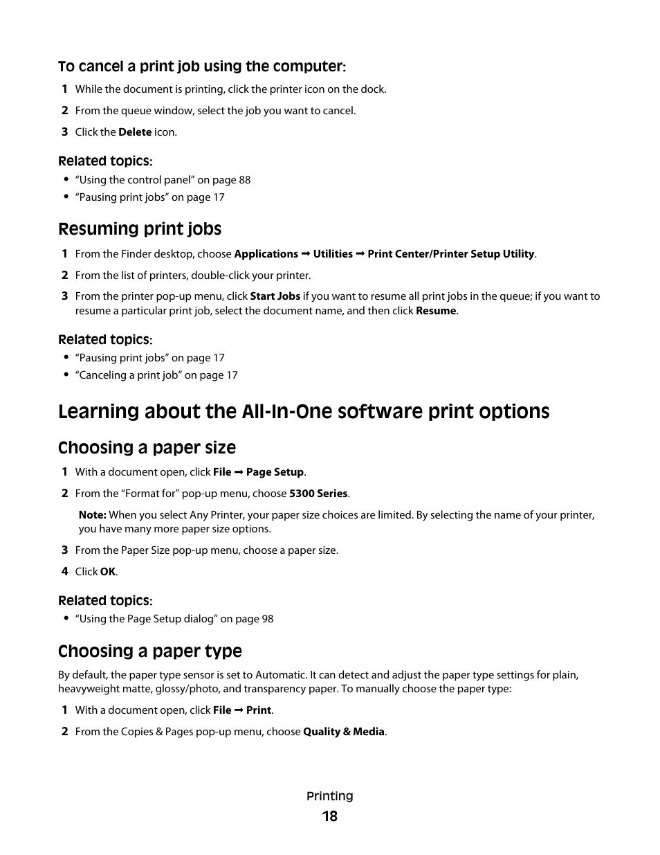 Resuming print jobs, Choosing a paper size, Choosing a paper type | Lexmark 5300 User Manual | Page 18 / 179