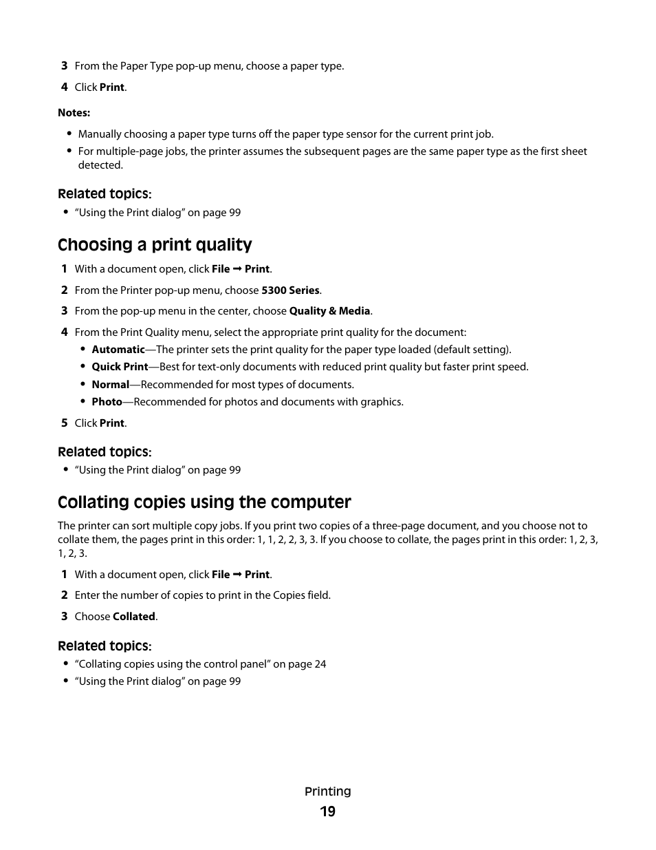 Choosing a print quality, Collating copies using the computer | Lexmark 5300 User Manual | Page 19 / 179