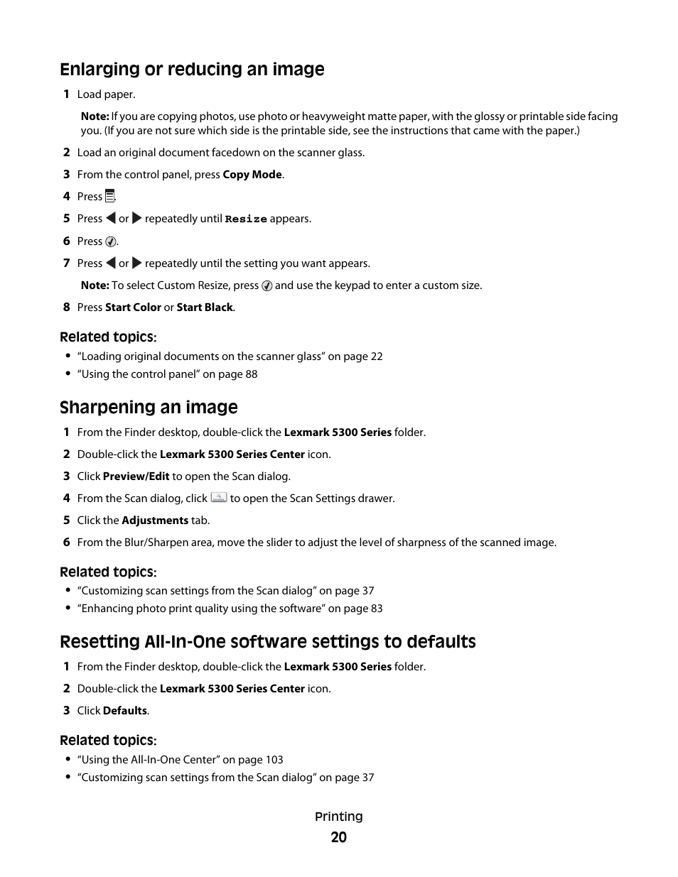 Enlarging or reducing an image, Sharpening an image, Resetting all-in-one software settings to defaults | Lexmark 5300 User Manual | Page 20 / 179