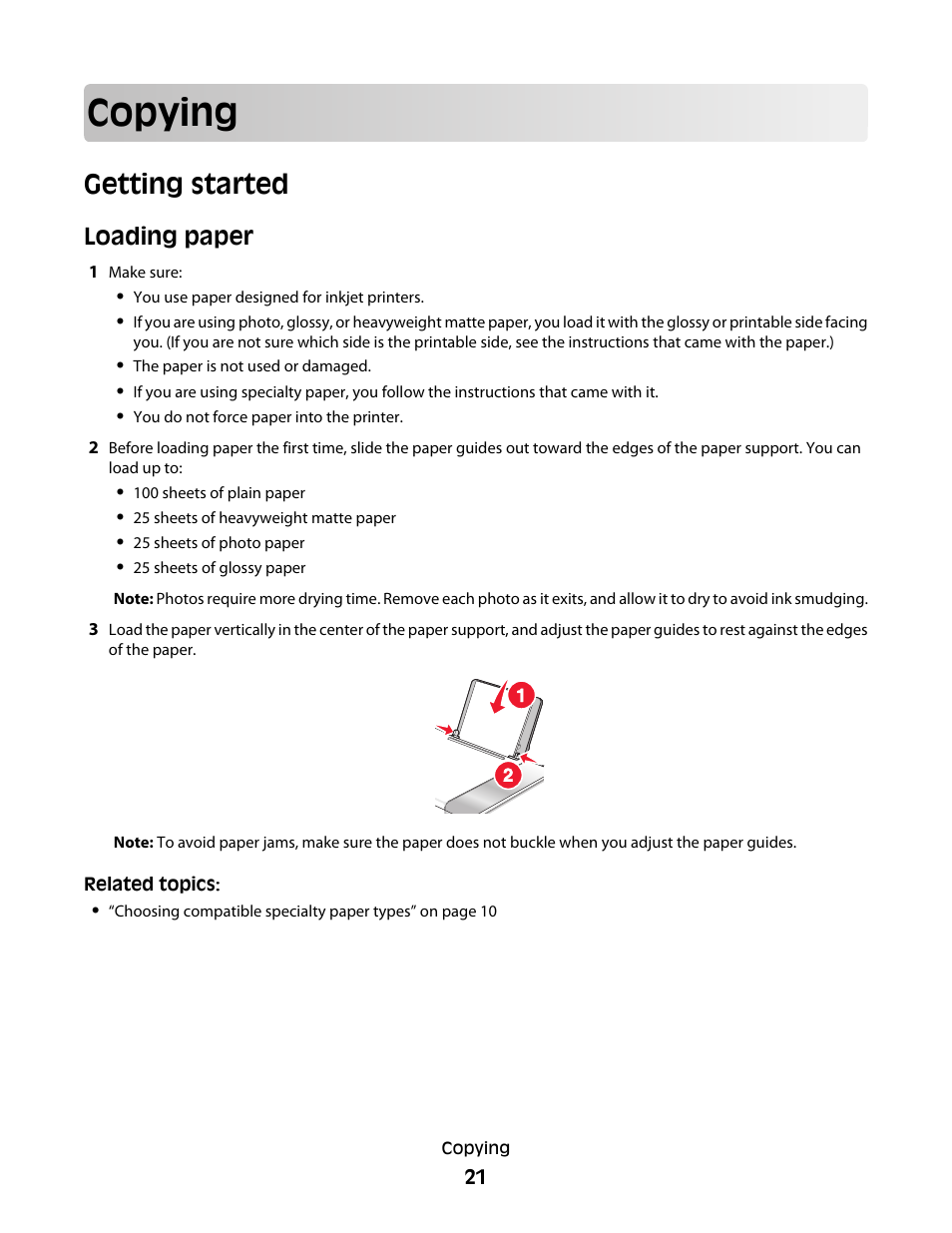 Copying, Getting started, Loading paper | Lexmark 5300 User Manual | Page 21 / 179