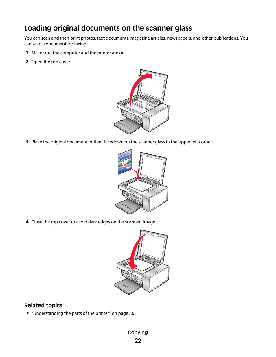 Loading original documents on the scanner glass | Lexmark 5300 User Manual | Page 22 / 179