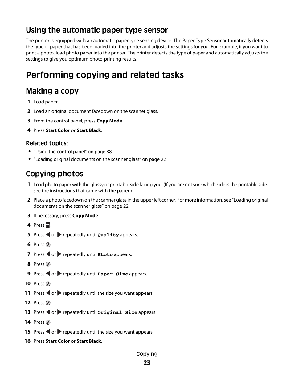 Using the automatic paper type sensor, Performing copying and related tasks, Making a copy | Copying photos | Lexmark 5300 User Manual | Page 23 / 179