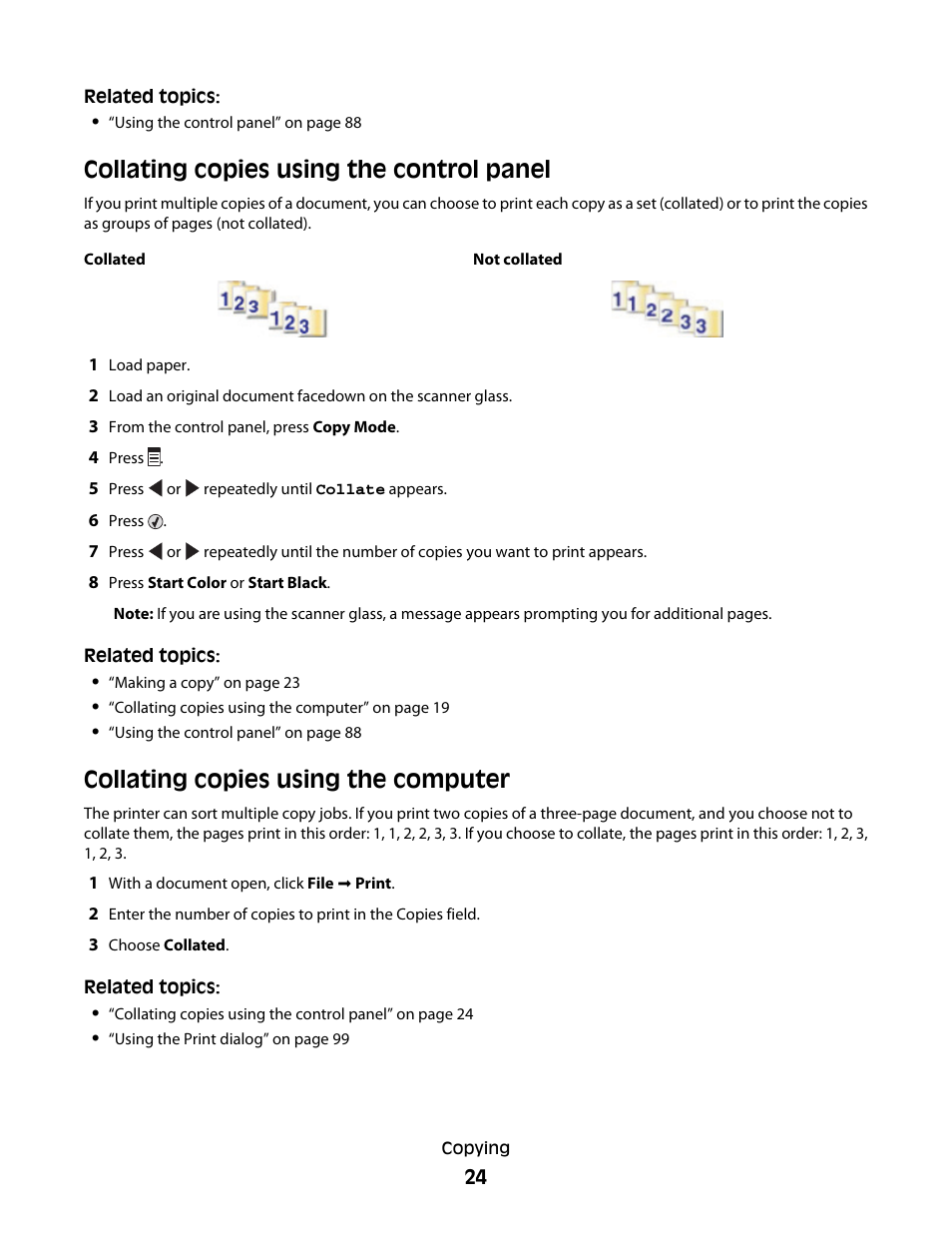 Collating copies using the control panel, Collating copies using the computer | Lexmark 5300 User Manual | Page 24 / 179