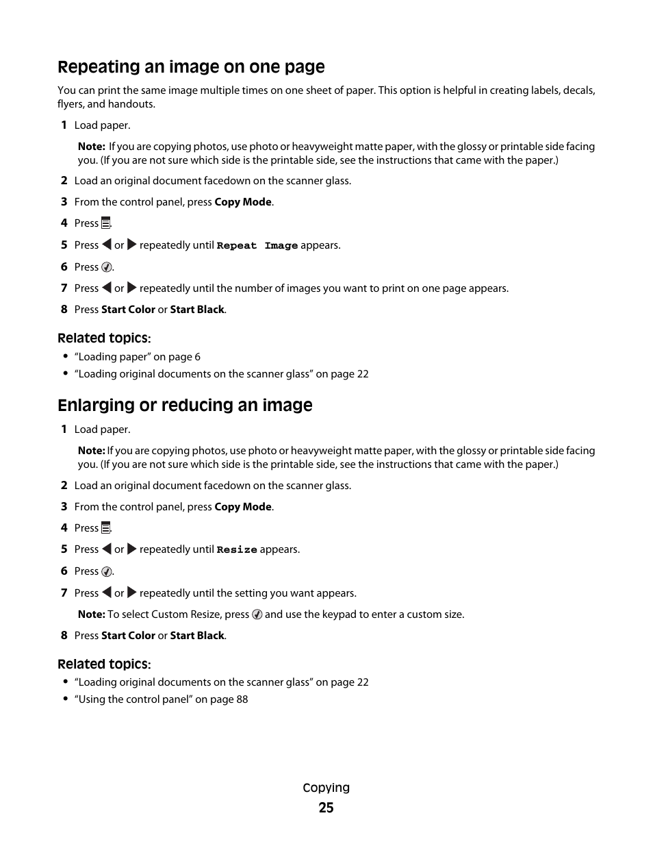 Enlarging or reducing an image, Repeating an image on one page | Lexmark 5300 User Manual | Page 25 / 179