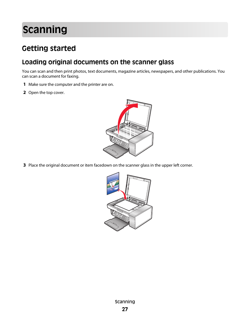 Scanning, Getting started, Loading original documents on the scanner glass | Lexmark 5300 User Manual | Page 27 / 179