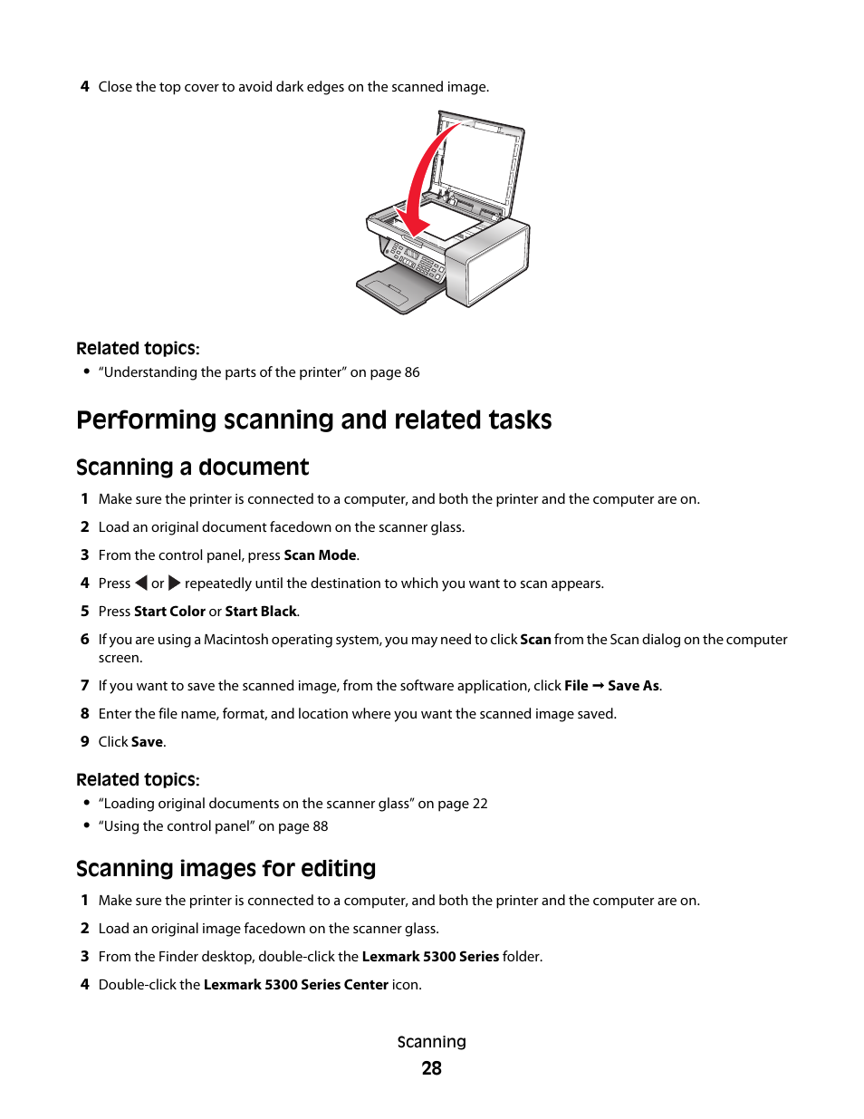 Performing scanning and related tasks, Scanning a document, Scanning images for editing | Lexmark 5300 User Manual | Page 28 / 179
