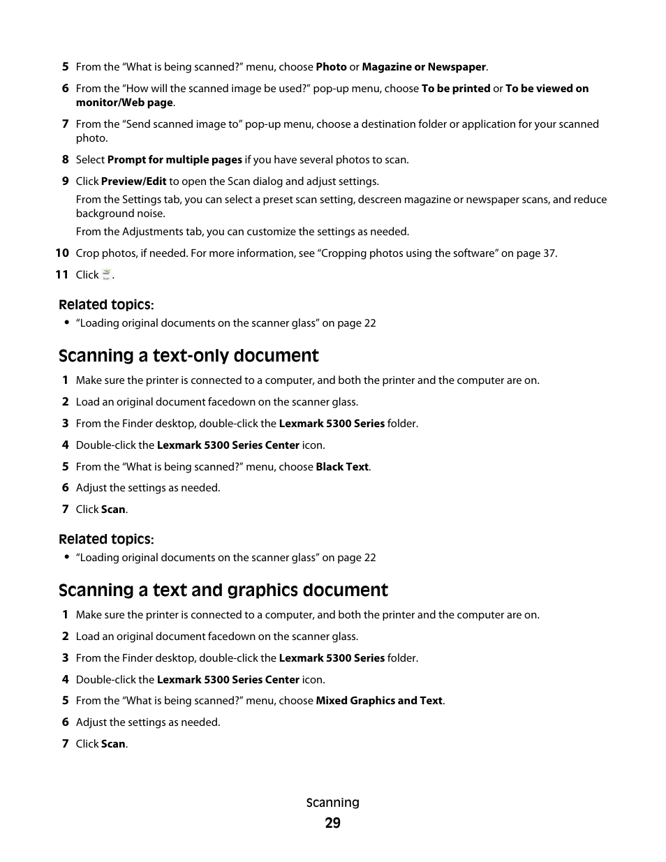 Scanning a text-only document, Scanning a text and graphics document | Lexmark 5300 User Manual | Page 29 / 179
