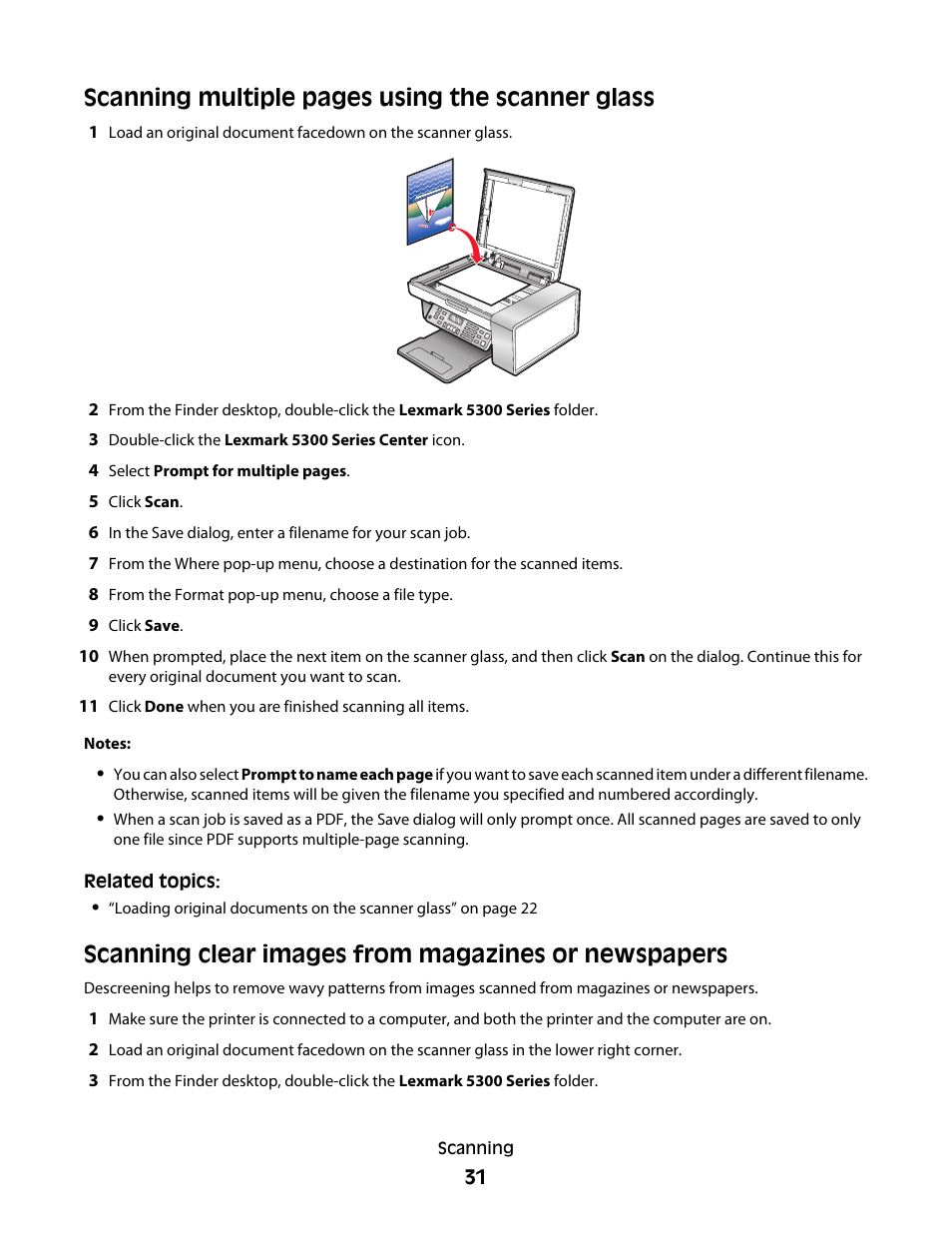 Scanning clear images from magazines or newspapers, Scanning multiple pages using the scanner glass | Lexmark 5300 User Manual | Page 31 / 179
