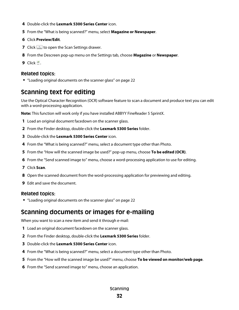 Scanning text for editing, Scanning documents or images for e-mailing | Lexmark 5300 User Manual | Page 32 / 179