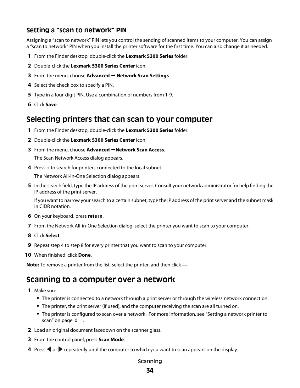 Selecting printers that can scan to your computer, Scanning to a computer over a network | Lexmark 5300 User Manual | Page 34 / 179