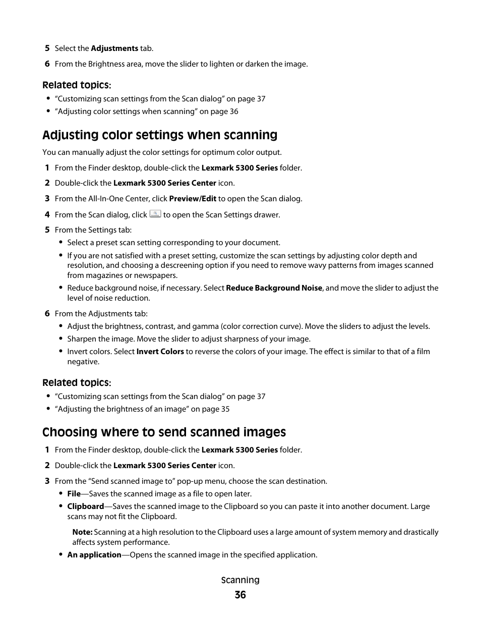 Adjusting color settings when scanning, Choosing where to send scanned images | Lexmark 5300 User Manual | Page 36 / 179
