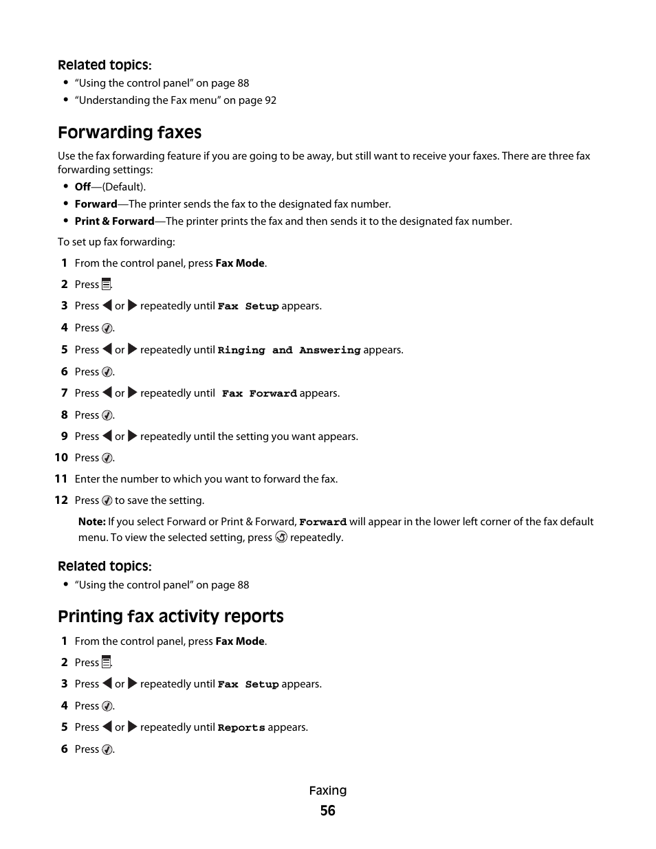 Forwarding faxes, Printing fax activity reports | Lexmark 5300 User Manual | Page 56 / 179