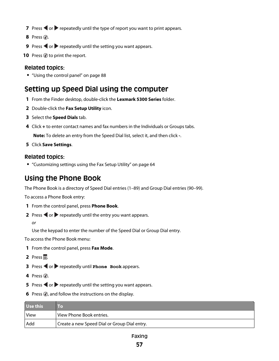 Setting up speed dial using the computer, Using the phone book | Lexmark 5300 User Manual | Page 57 / 179