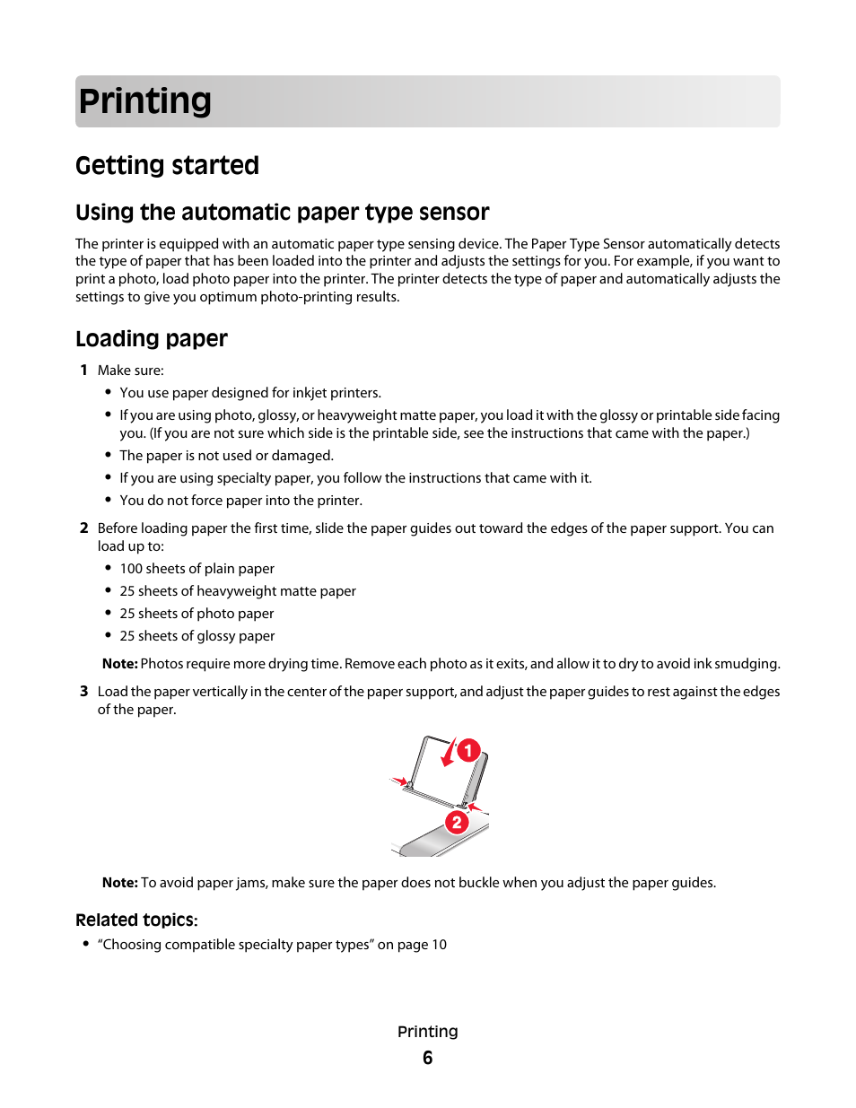 Printing, Getting started, Using the automatic paper type sensor | Loading paper | Lexmark 5300 User Manual | Page 6 / 179