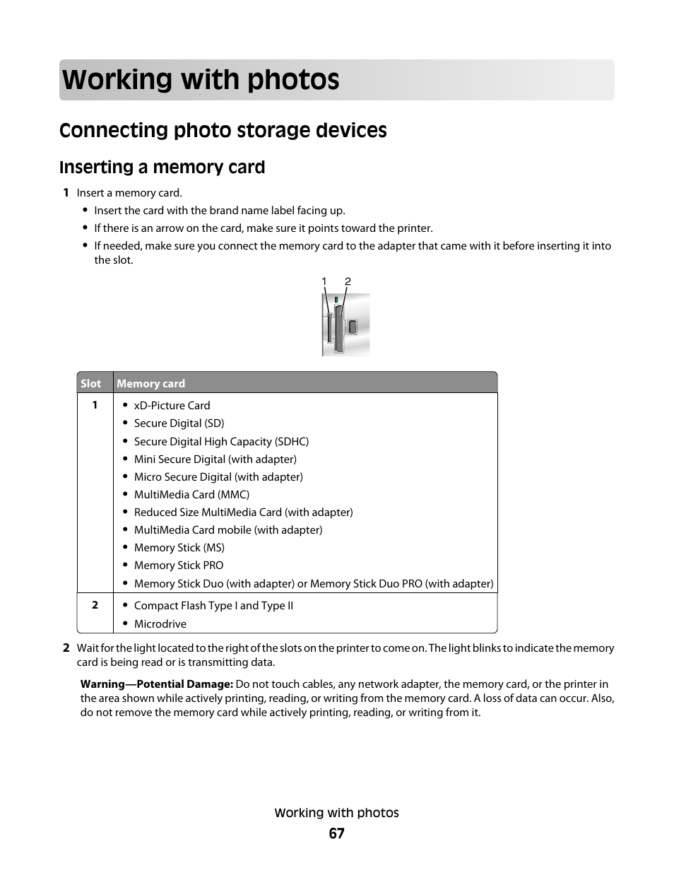 Working with photos, Connecting photo storage devices, Inserting a memory card | Lexmark 5300 User Manual | Page 67 / 179