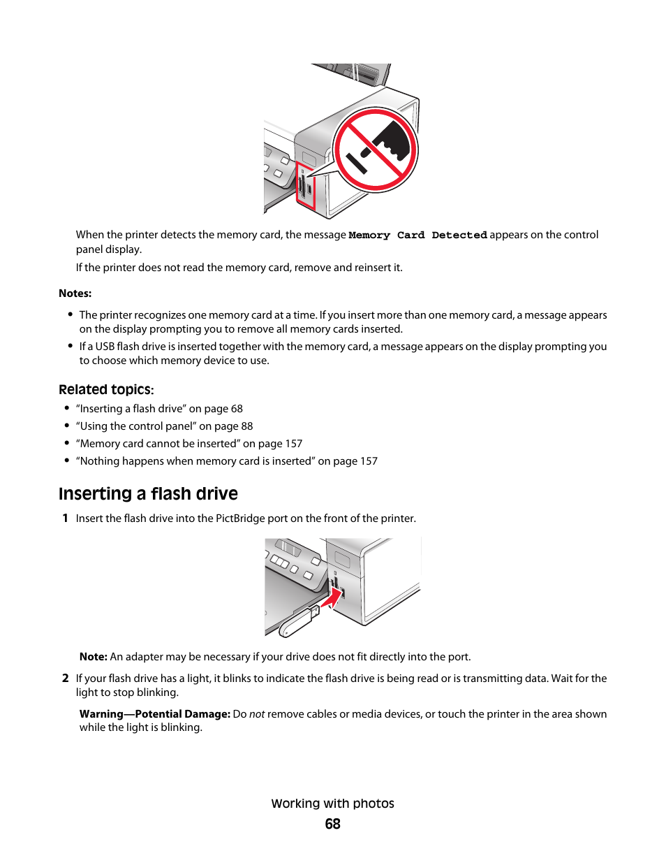 Inserting a flash drive | Lexmark 5300 User Manual | Page 68 / 179