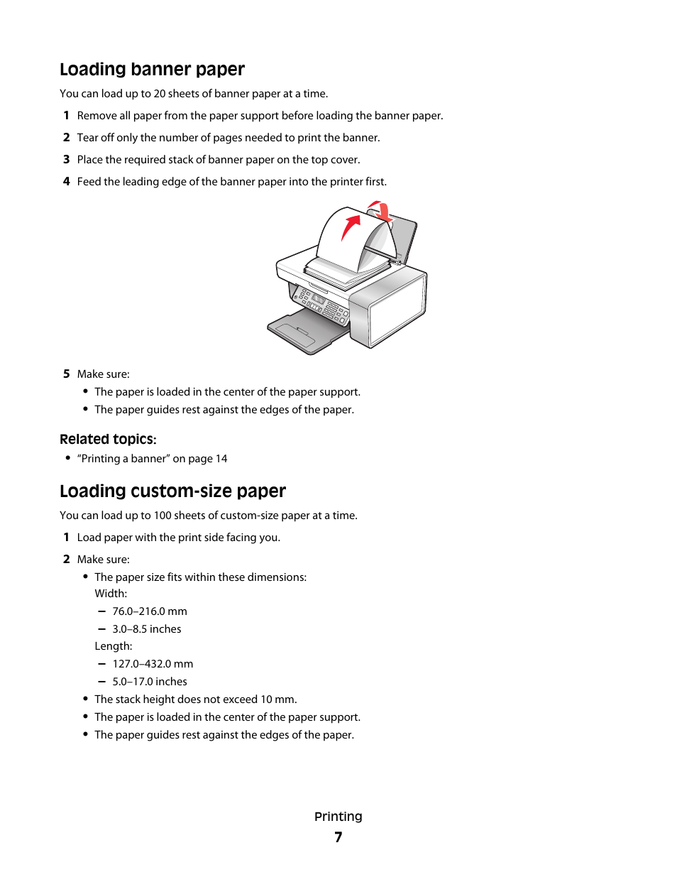 Loading banner paper, Loading custom-size paper | Lexmark 5300 User Manual | Page 7 / 179