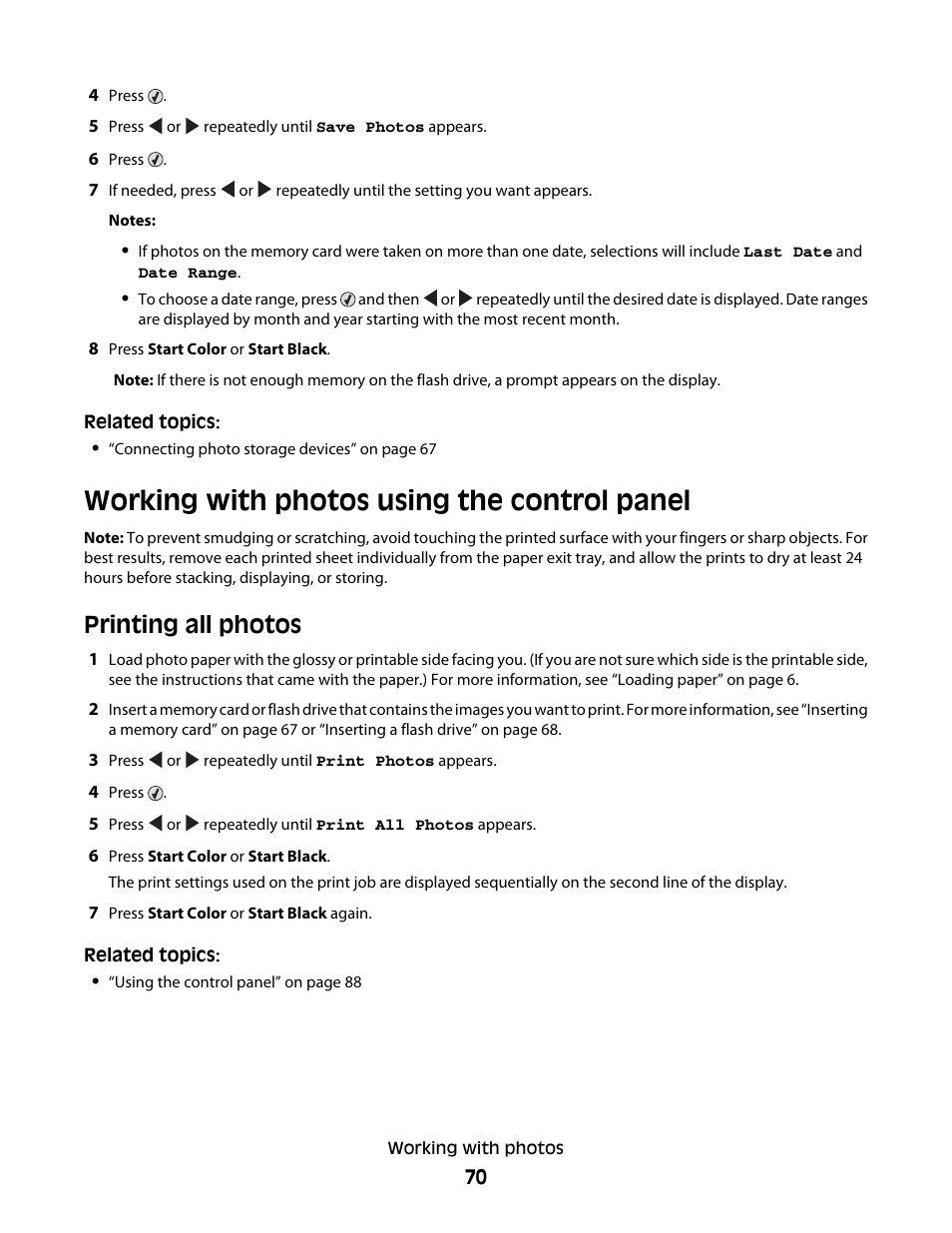 Working with photos using the control panel, Printing all photos | Lexmark 5300 User Manual | Page 70 / 179