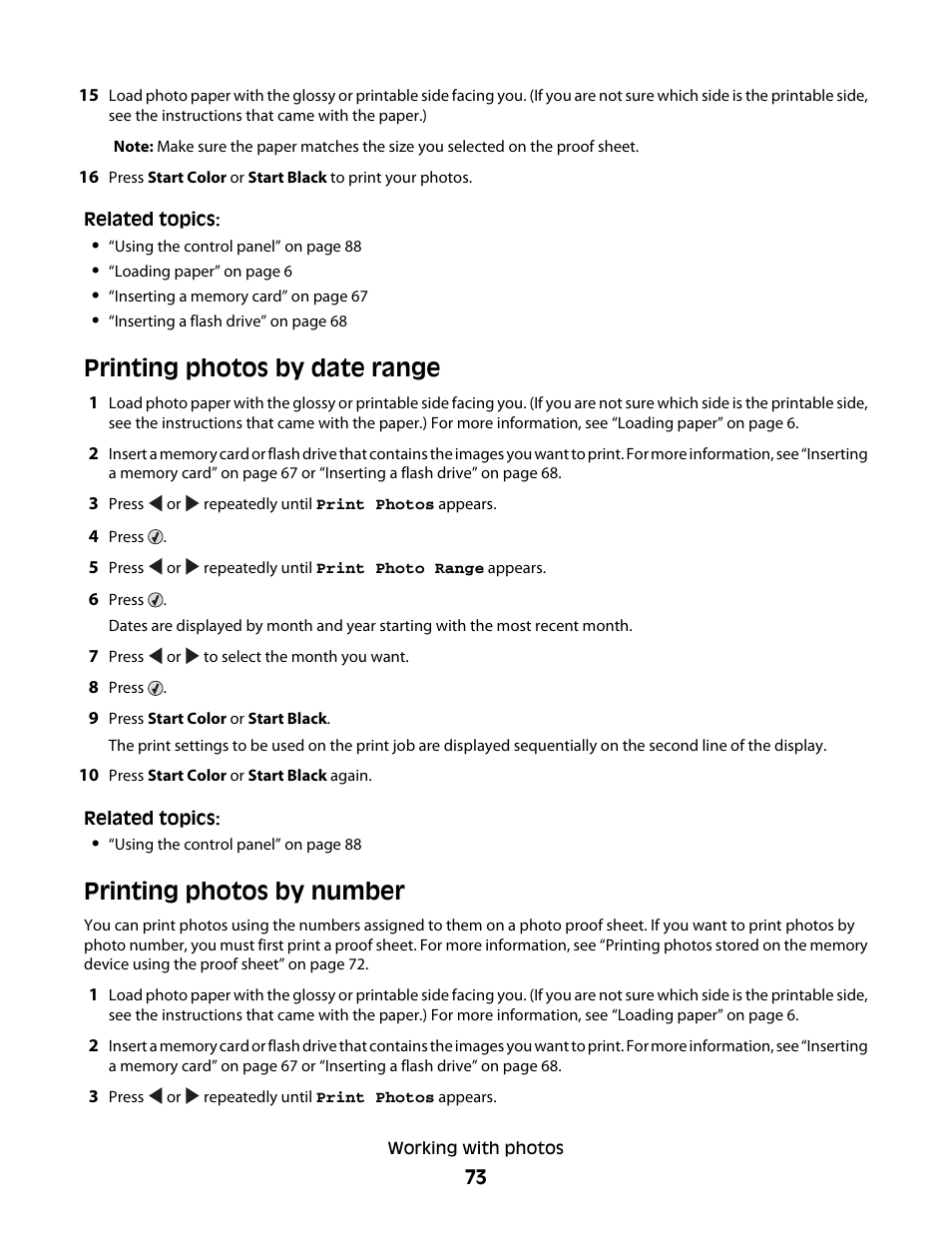 Printing photos by date range, Printing photos by number | Lexmark 5300 User Manual | Page 73 / 179