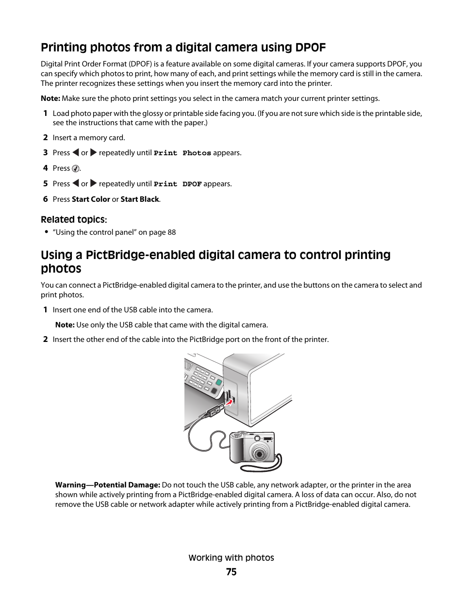Printing photos from a digital camera using dpof | Lexmark 5300 User Manual | Page 75 / 179