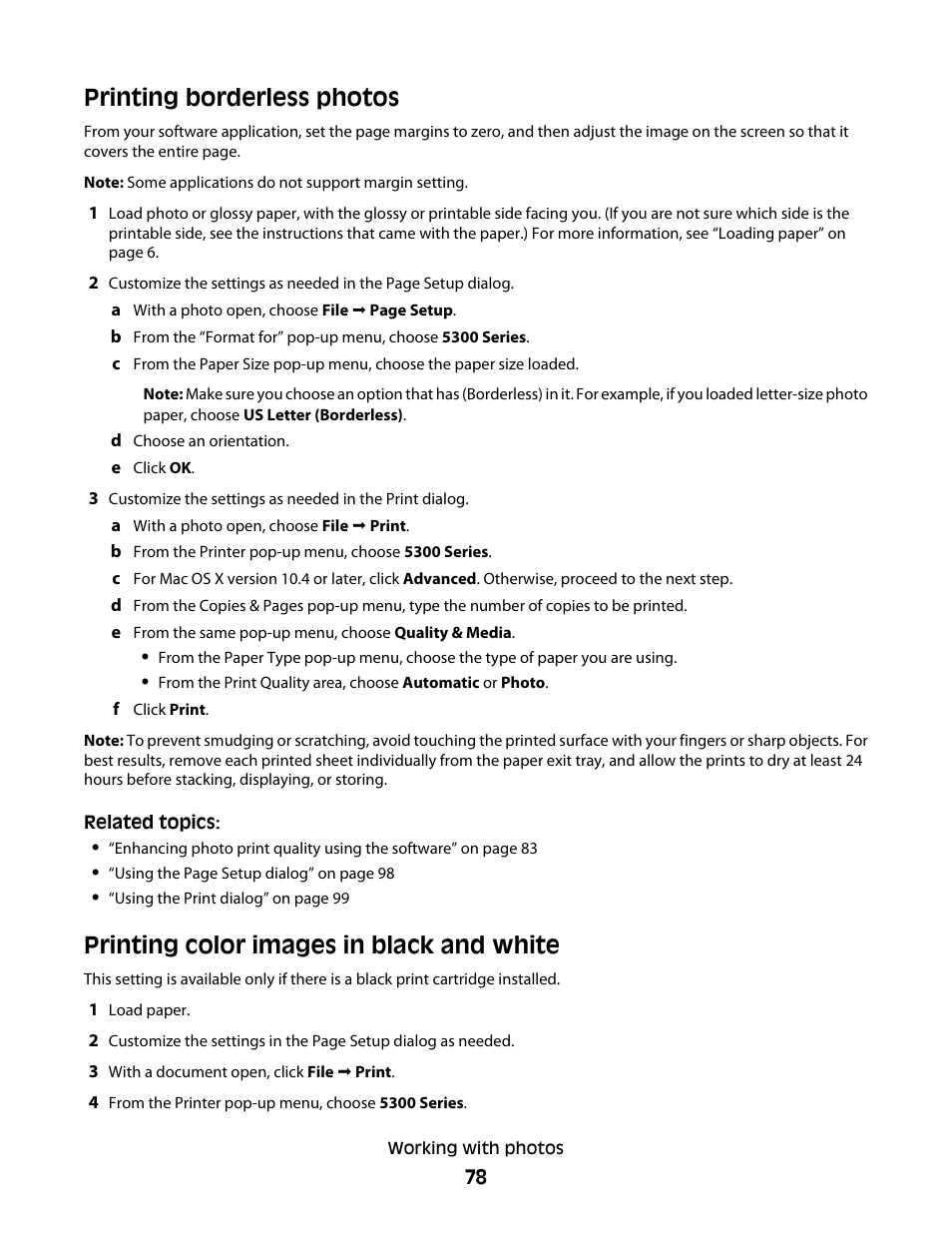 Printing borderless photos, Printing color images in black and white | Lexmark 5300 User Manual | Page 78 / 179