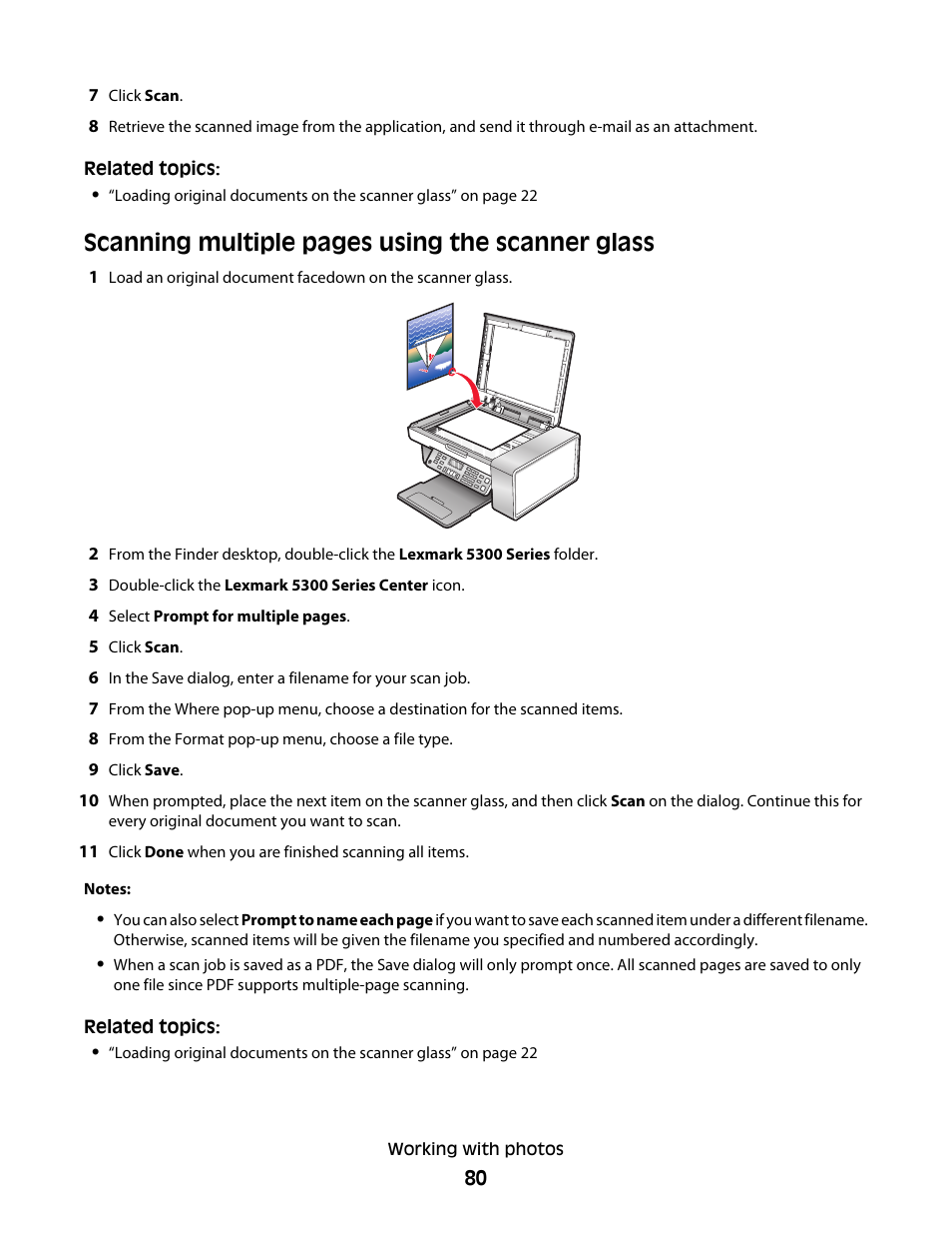 Scanning multiple pages using the scanner glass | Lexmark 5300 User Manual | Page 80 / 179