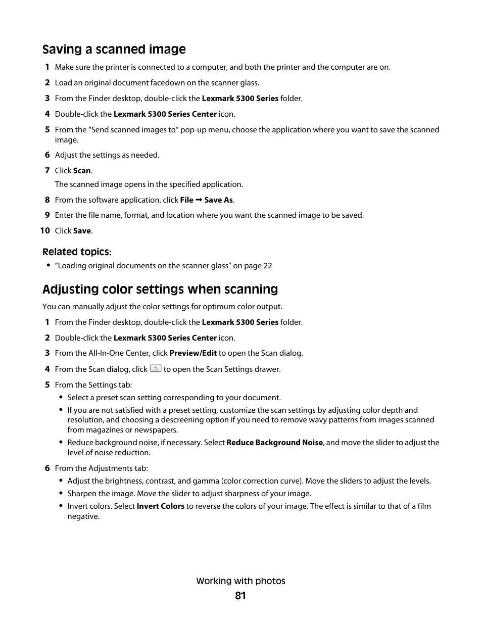 Saving a scanned image, Adjusting color settings when scanning | Lexmark 5300 User Manual | Page 81 / 179