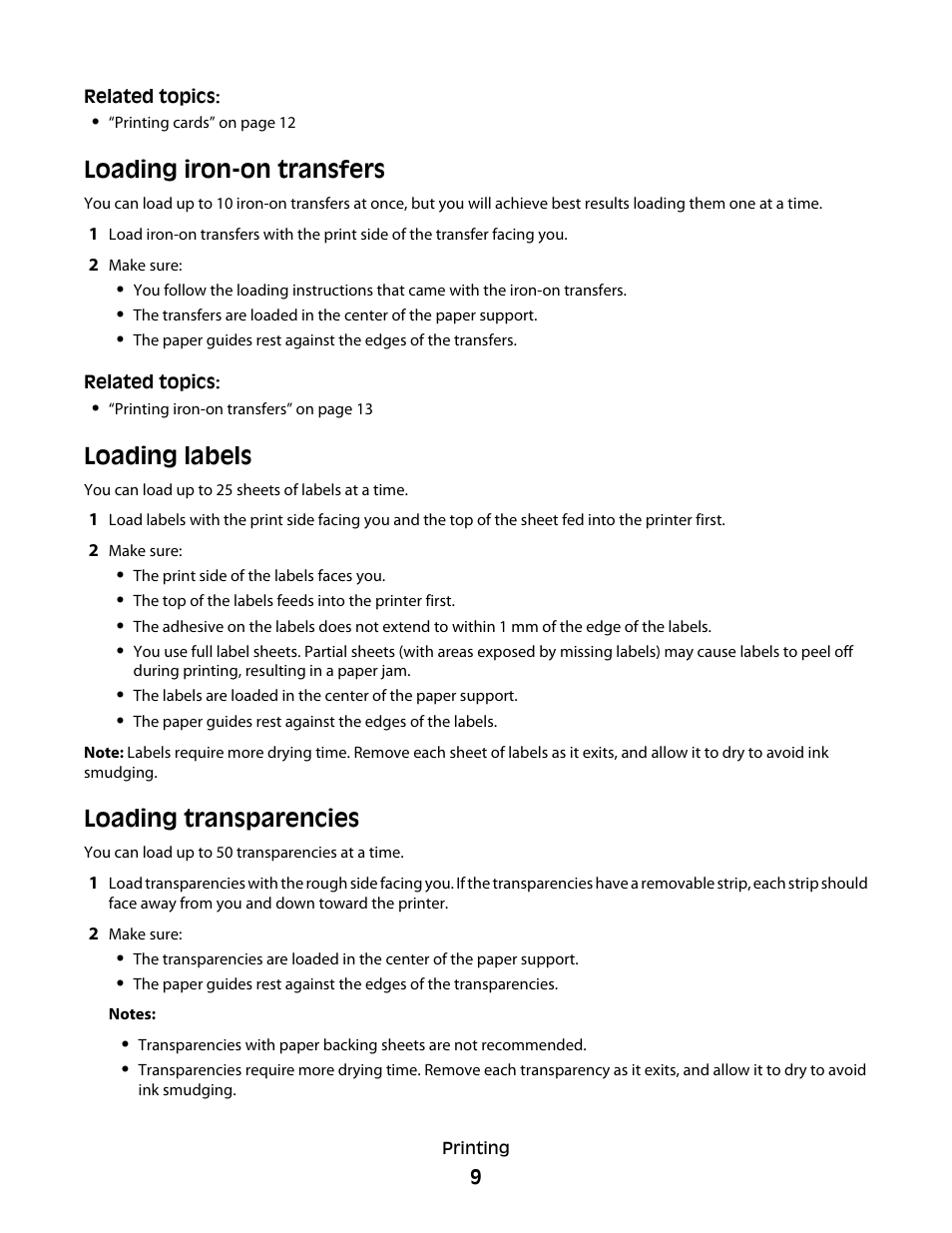 Loading iron-on transfers, Loading labels, Loading transparencies | Lexmark 5300 User Manual | Page 9 / 179
