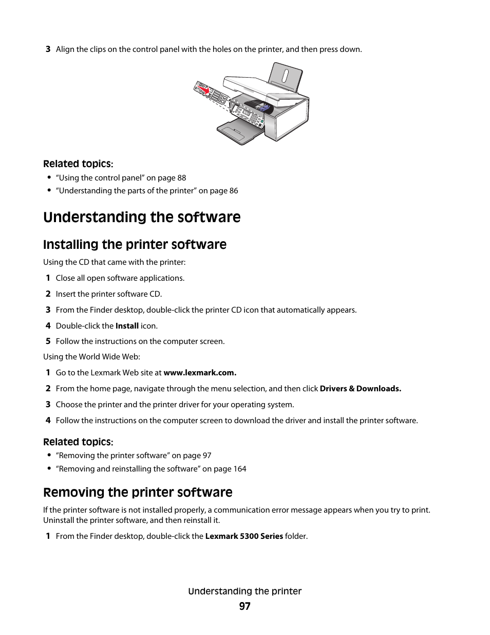 Understanding the software, Installing the printer software, Removing the printer software | Lexmark 5300 User Manual | Page 97 / 179